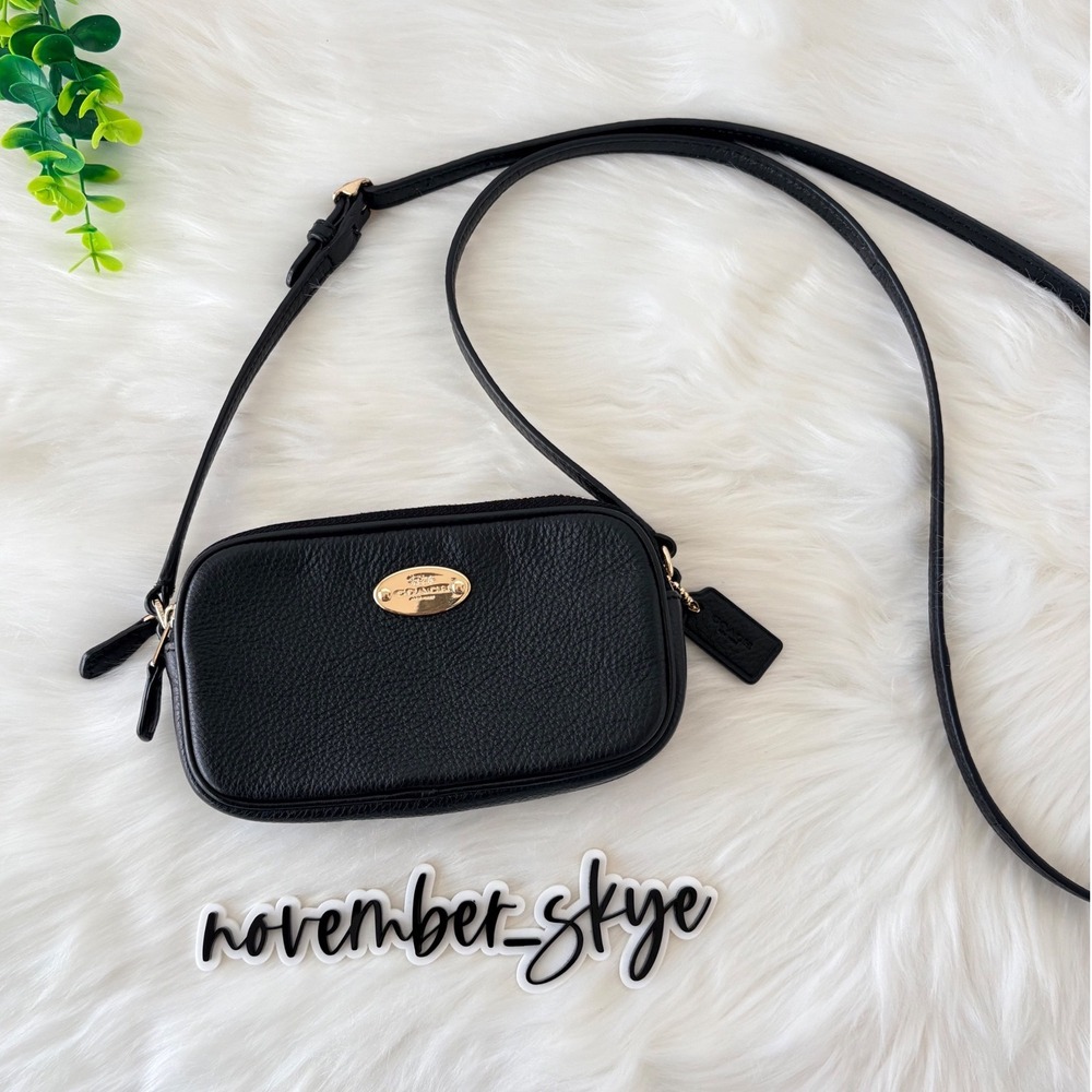Coach Mini Crossbody Bag Black Pebbled Leather Dual Zip Gold Hardware